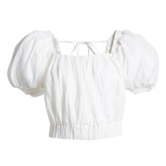 Frame Ruched Crop Puff Sleeve Blouse in Blanc‎ Size Medium - Picture 1 of 10